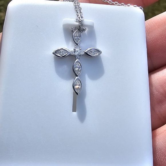 Sterling Silver Cross Pendant Necklace with Clear Marquise Cubic Zirconia - Picture 4 of 5